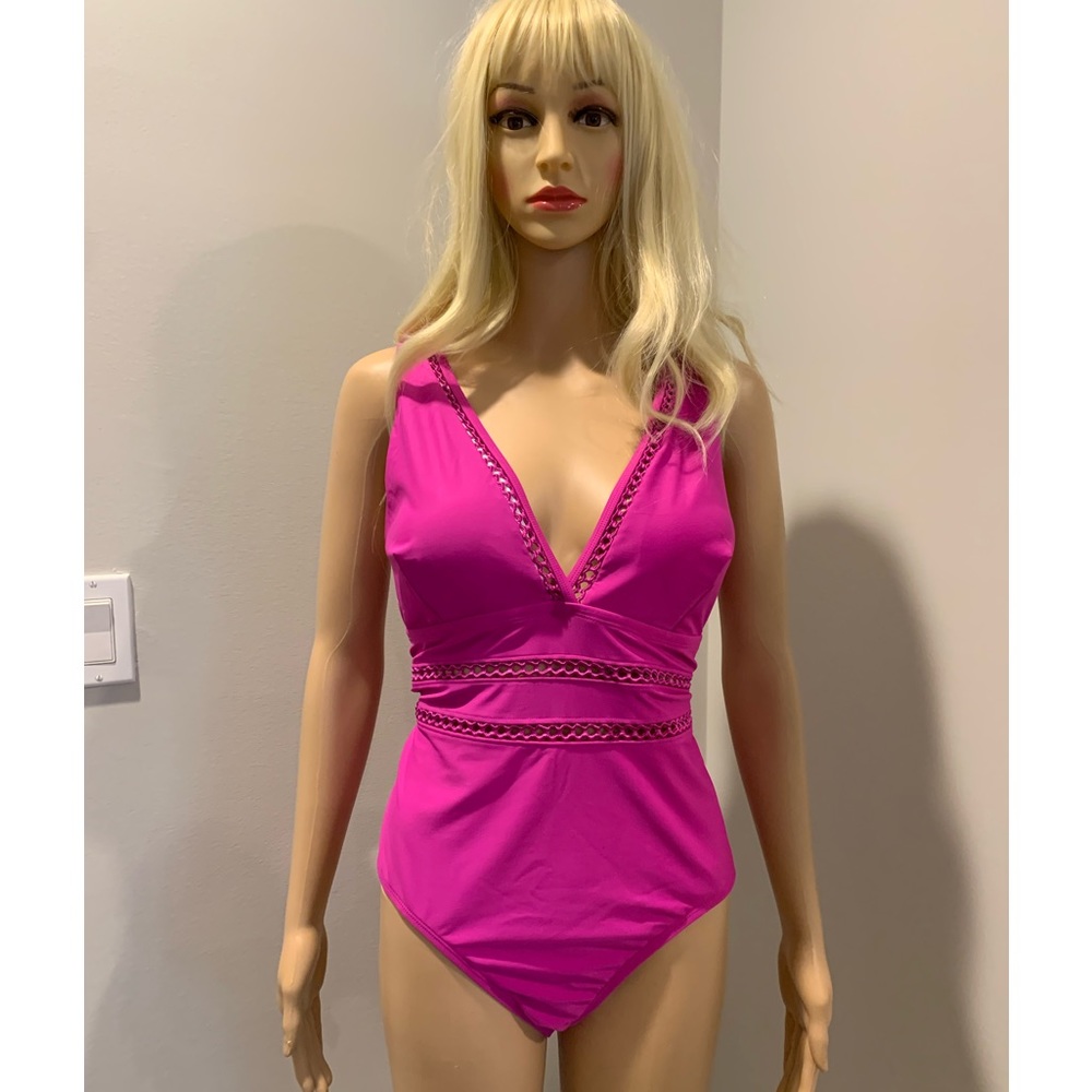 Swimsuits For All Lattice plunge one piece swimsuit in beach rose